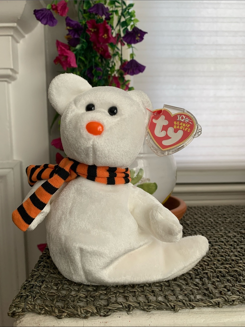 Ty NWT “Quivers”White Halloween Theme Beanie Baby Bear Plush with Scarf